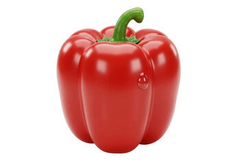 Isolated Red Bell Pepper with Green Stem and Water Drop, Wet Red Vegetable, Fresh Food