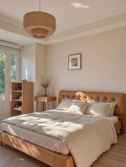 Fototapeta premium Comfortable Bedroom with Natural Light and Neutral Tones