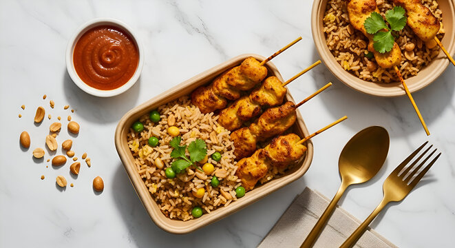 Delicious Chicken Satay Skewers Served With Savory Rice and Peanut Sauce Presentation - Powered by Adobe