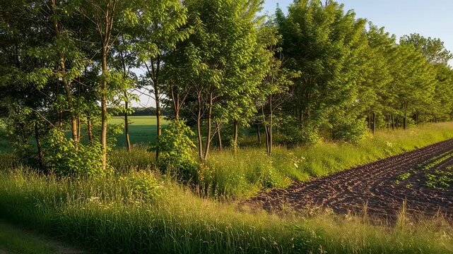 Medium shot showing buffer zones of dense tree planting around farmland highlighting soil conservation and biodiversity enhancement.