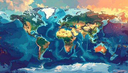 Colorful stylized world map, showing continents and oceans.  Detailed, textured