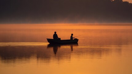 Silhouettes of father and son fishing in a boat at sunrise