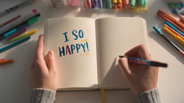 Open notebook, hands writing "I so happy" with colorful markers
