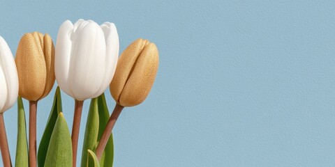 Elegant gold and white tulips arranged against a light blue background