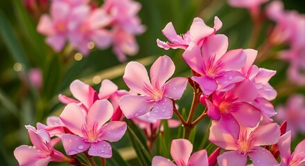 Obraz premium Delicate pink oleander blooms with water droplets glistening in light
