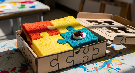 Fototapeta premium Creative Colorful Puzzles, Food Presentation, Artful Delectable Assemblage in a Box
