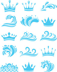 Collection of stylized blue water wave and crown icons representing royalty power and aquatic themes perfect for design elements