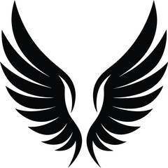 Obraz premium Bold black stylized angel wings spread wide against a stark white background symbolizing freedom protection and soaring aspirations in a graphic design element