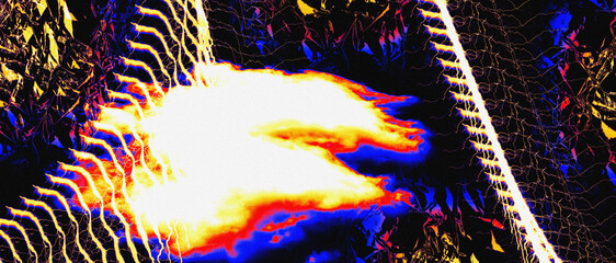 Explosive neon abstract artwork with glowing electric energy, vibrant firestorm fusion of red, yellow, blue, and black digital modern art