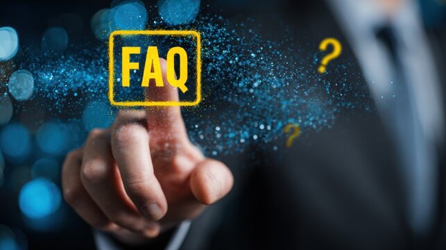Hand touches faq button with question mark against blurred background.