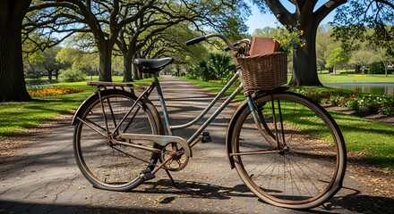 Fototapeta premium Charming Vintage Bicycle Resting on a Path in a Picturesque Park Setting