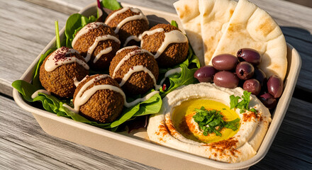 Delicious Falafel Dish with Hummus, Olives, and Pita Bread for a Tasty Meal