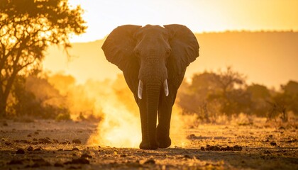 Obraz premium Majestic elephant strides confidently towards the camera in golden sunset light