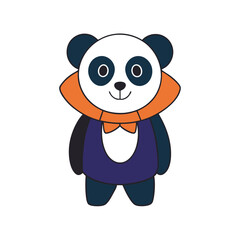 Cartoon panda bear wearing an orange collar and a dark blue vest