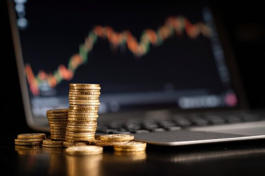 Gold coins stacked on laptop, stock market graph