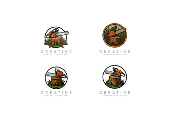chainsaw logo tool, Chainsaw on Tree Stump Logo vector design 