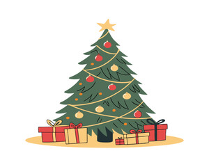 Festive Christmas Tree with Ornament Decorations and Beautifully Wrapped Gifts Illustration for Holiday Season Celebration