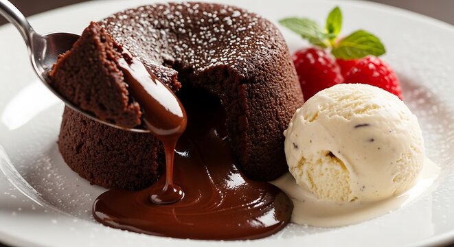Delicious chocolate lava cake with molten center, ice cream and raspberries