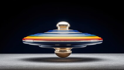 A colorful spinning top with a metallic top and base gracefully rotates on a gray surface against a dark background