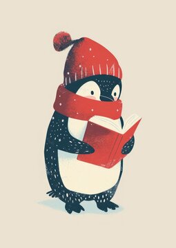 Penguin wear red scaf and hat reading book paper art creativity.