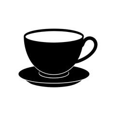 Black cup and saucer drawing on transparent background silhouette