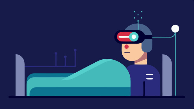 Biohacker in Bed A minimalist figure lying in bed wearing a sleep mask with a futuristic headband on indicating active monitoring of brainwaves or sleep stages.