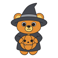 Lovely bear dressed as a witch holding a pumpkin