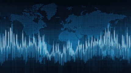 Abstract blue world map background with glowing waveform lines and grid pattern.