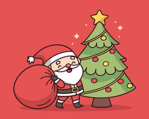 Cute Cartoon Santa Claus with a Big Sack and Christmas Tree Celebrating Festive Holiday Season Greetings and Joyful Atmosphere