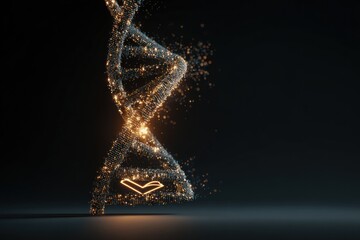Abstract DNA helix, golden particles, glowing checkmark