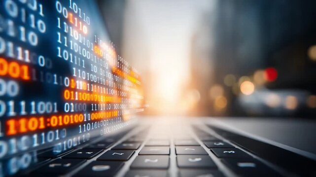 Digital World Unveiled: A close-up of a laptop displays lines of binary code. The glow of the screen illuminates a blurred urban background, symbolizing the fusion of technology and urban life. - Powered by Adobe