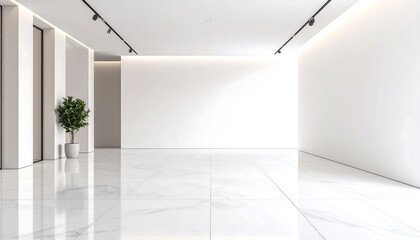 Contemporary architectural design of a luxury building corridor featuring a pristine white wall for mockups, polished marble floors, and elegant minimalist decor
