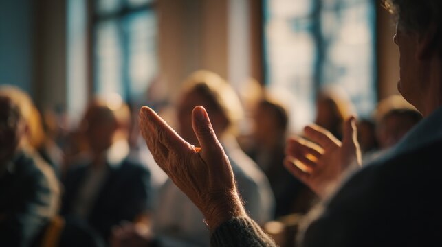 A speaker's hand gestures during a presentation in a room filled with attentive listeners