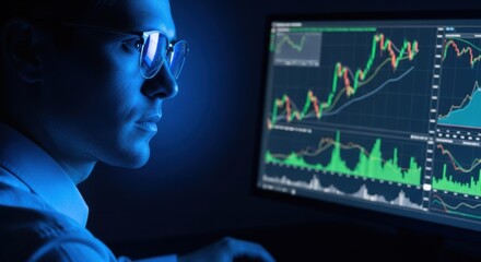 Side profile of a concentrated man in glasses examining candlestick and line graphs on a computer screen, bathed in blue light, evoking a tense, nighttime trading atmosphere in dramatic style.