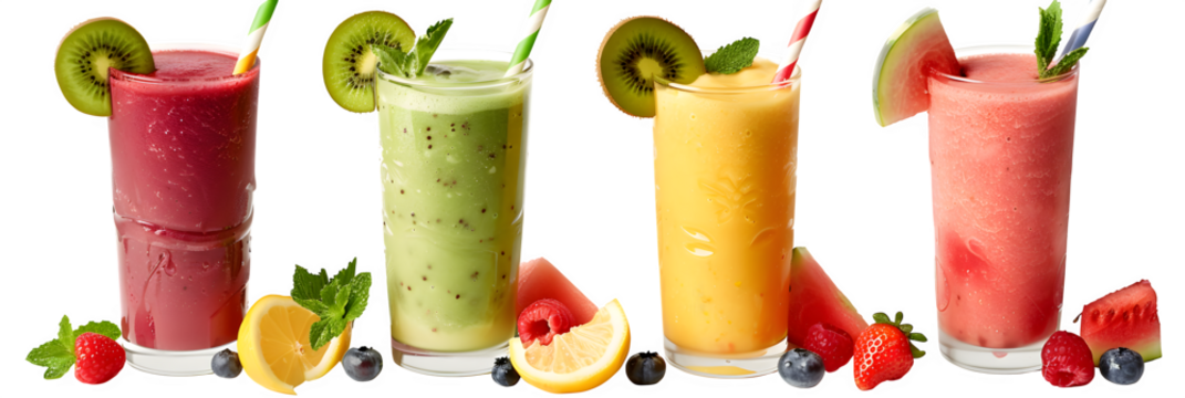 High resolution stock photo showing ultra-realistic professional food photography of four colorful smoothies arranged in a clean horizontal row a Isolated to Transparent Background