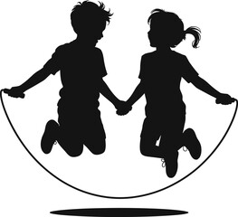Jumping Kids Silhouette Illustration Art Vector Isolated in Black