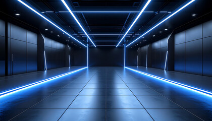 Futuristic Neon Tunnel Blue Light Corridor Perspective