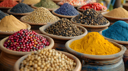 Fototapeta premium Vibrant Spices in Earthenware Bowls: A Colorful, Aromatic Market Scene.