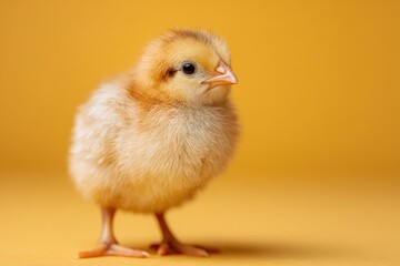 Fototapeta premium Tiny yellow chick on mustard background
