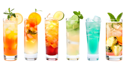 High resolution stock photo showing ultra-realistic professional product photo of six vibrant cocktails arranged in a neat horizontal row, each i Isolated to Transparent Background