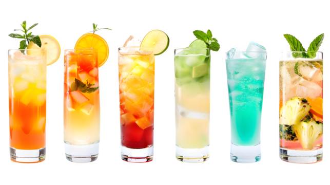 High resolution stock photo showing ultra-realistic professional product photo of six vibrant cocktails arranged in a neat horizontal row, each i Isolated to Transparent Background - Powered by Adobe