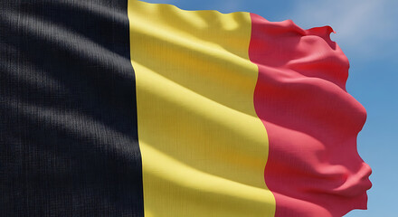 The belgian flag flutters gracefully against a clear blue sky, its bold black, yellow, and red stripes representing the nations rich history, cultural diversity, and unwavering spirit of unity and ind