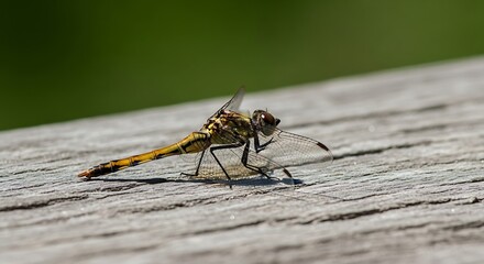 Detailed Closeup of a Dragonflie Resting on weathered Wooden plank surface