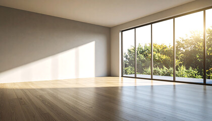 Obraz premium Bright Empty Room with Large Windows Overlooking Lush Green Trees