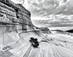 Dramatic, grayscale landscape of sculpted sandstone formations