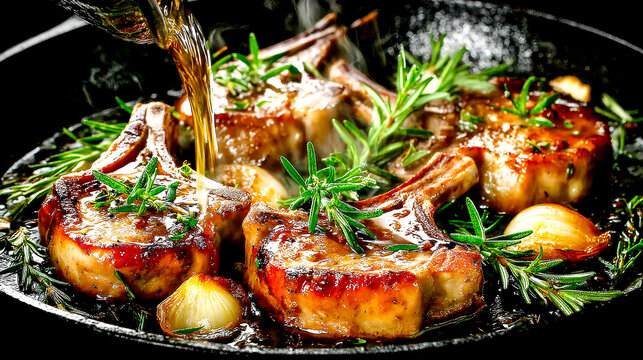Sizzling pork chops with rosemary and garlic being cooked in a cast iron pan while oil is being poured.