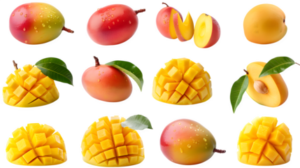 Premium quality visual of ultra-realistic professional food photography collage of ripe fresh mangoes, arranged in a clean grid of 8 images, isol Isolated to Transparent Background