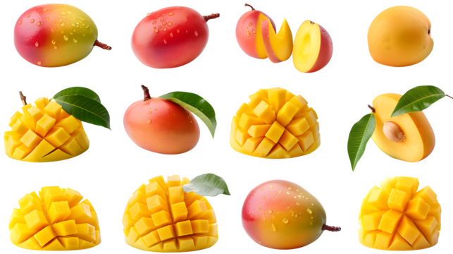Premium quality visual of ultra-realistic professional food photography collage of ripe fresh mangoes, arranged in a clean grid of 8 images, isol Isolated to Transparent Background