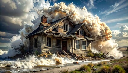Dramatic house engulfed by a colossal wave of smoke and water