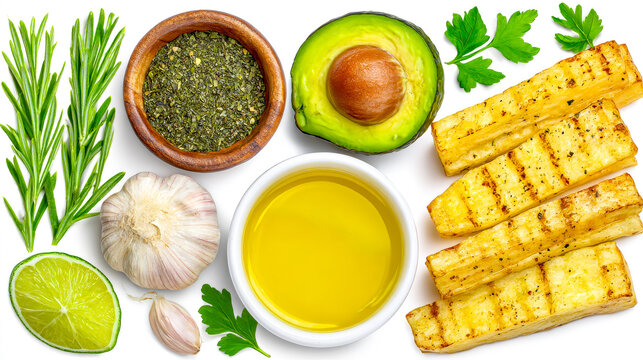 A top view flat lay of grilled yuca sticks with fresh rosemary, avocado, garlic, and olive oil on a clean white background. - Powered by Adobe